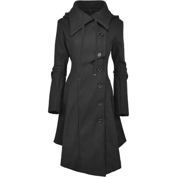 Jackets & Blazers - Women Black Trench Coat Goth Lapel Peacoat Wool Winter Thick Hood Pea Jacket